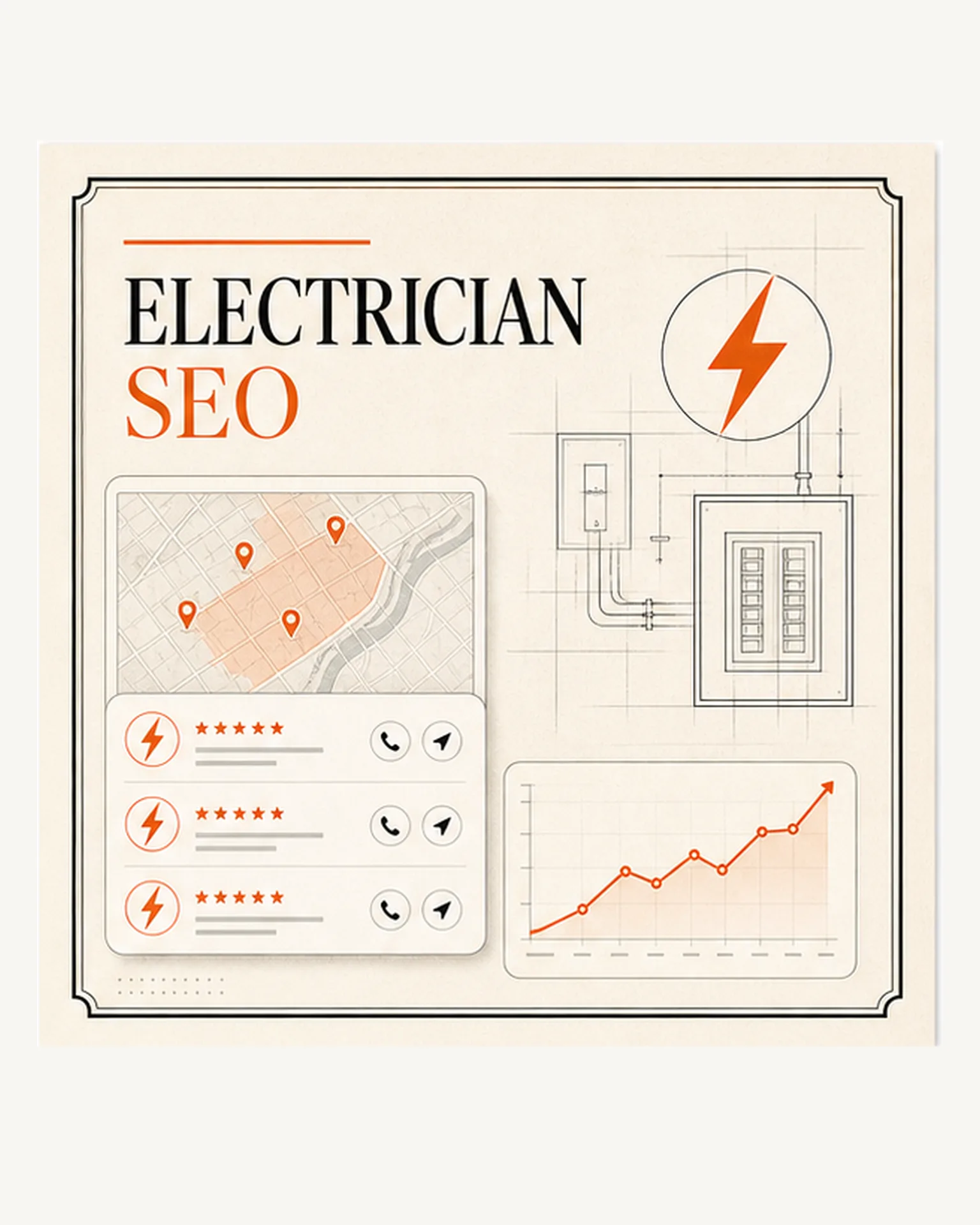 Electrician SEO industry brief showing electrical service searches, local listings, map pins, and call growth.