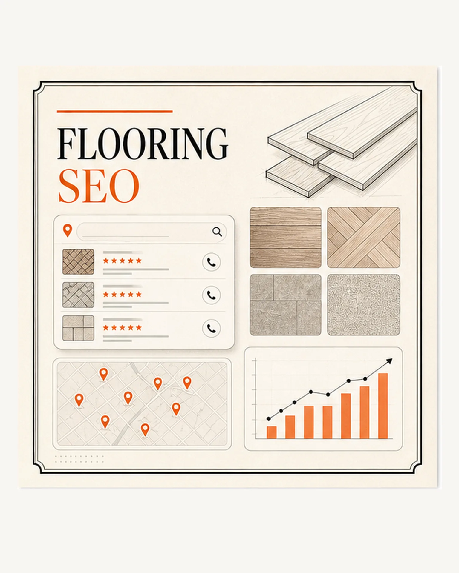 Flooring SEO industry brief showing flooring search listings, material swatches, map pins, and lead growth.