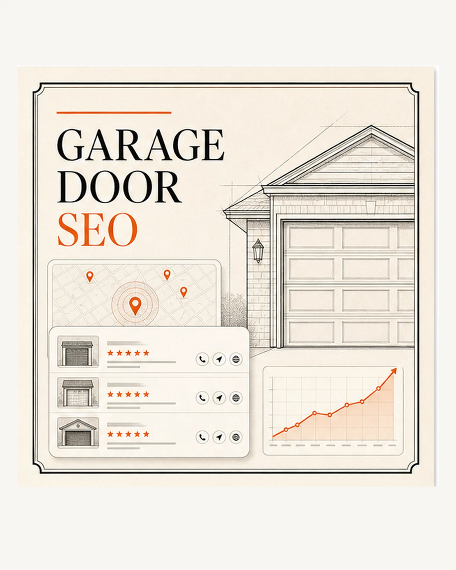 Garage Door SEO industry brief showing local search cards, map pins, reviews, and ranking growth.