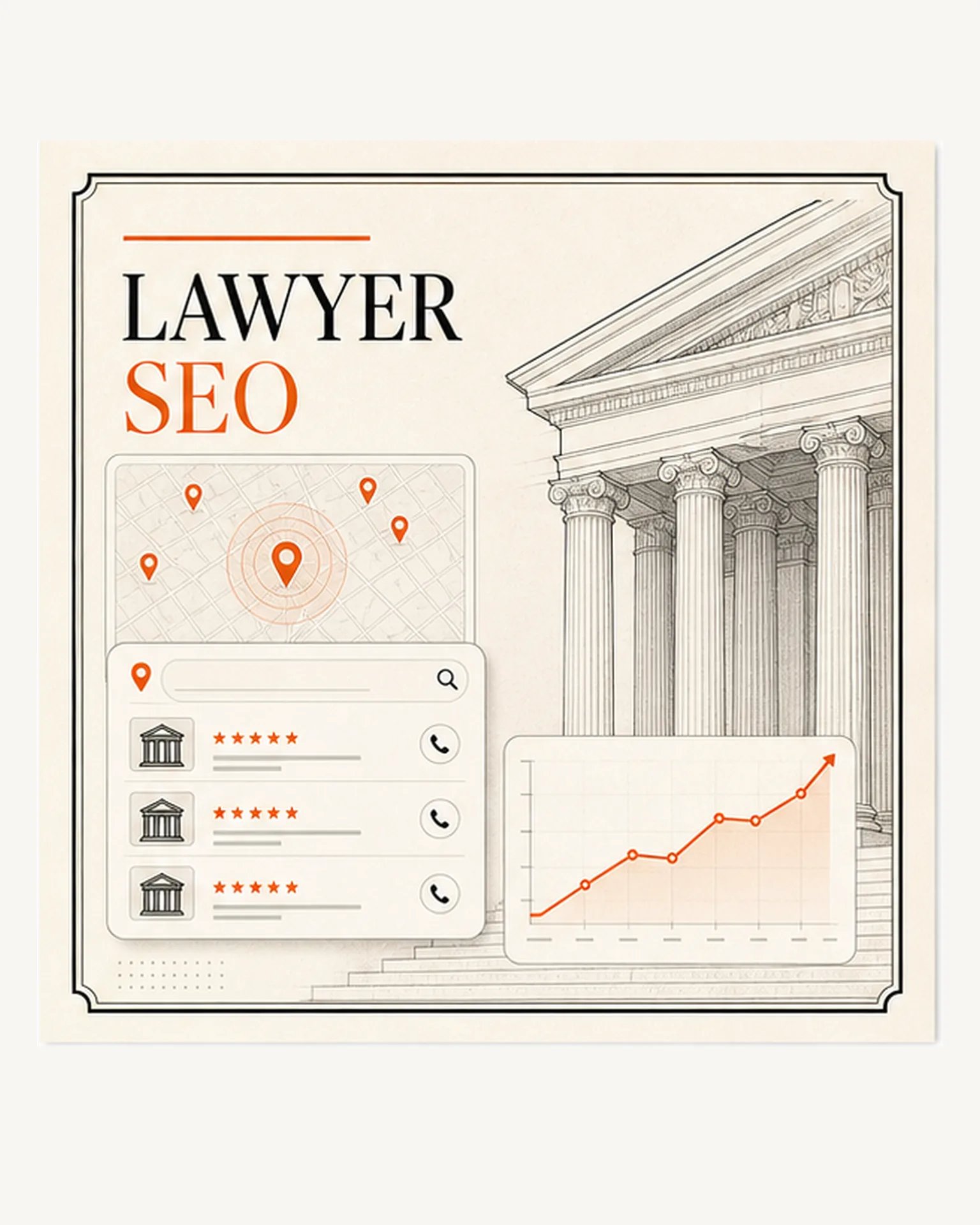 Lawyer SEO industry brief showing legal search listings, local map visibility, intake calls, and ranking growth.