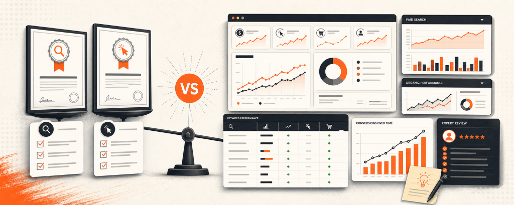 Inbound article cover comparing SEO and PPC certificates with campaign performance dashboards
